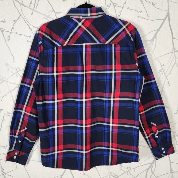 21 Men Navy Red Plaid 100% Cotton Button Front Shirt - Picture 2 of 4